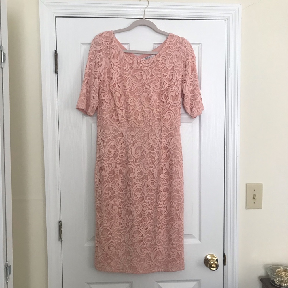 Pink knee-length pencil dress with lace overlay